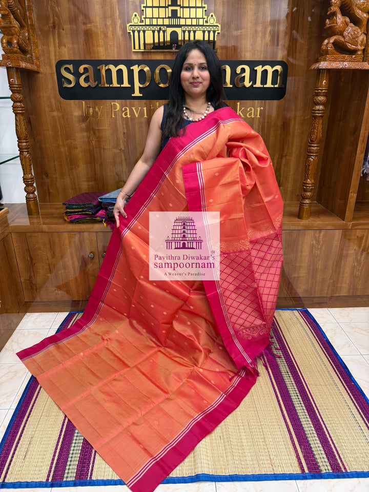 Rustic Orange with Reddish Pink , rich Zari Butta in the body , Plain borders , rich Pallu Handloom Semi Soft Silk Saree