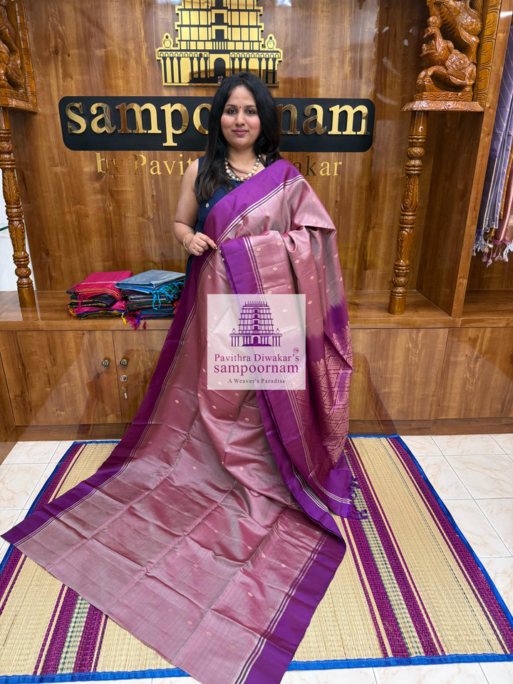 Lavender with Purple , rich Zari Butta in the body , Plain borders , rich Pallu Handloom Semi Soft Silk Saree