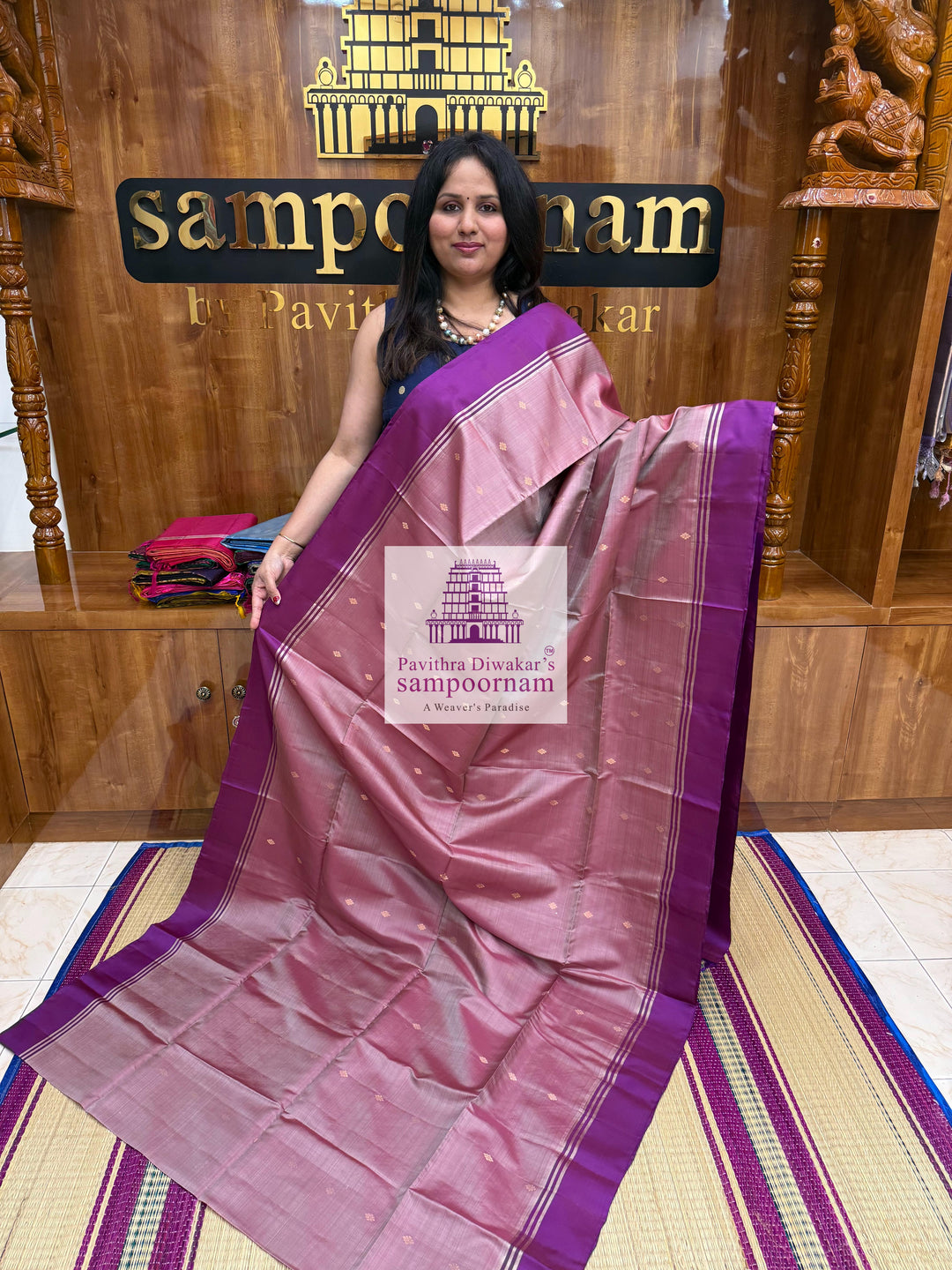 Mauve with Purple , rich Zari Butta in the body , Plain borders , rich Pallu Handloom Semi Soft Silk Saree