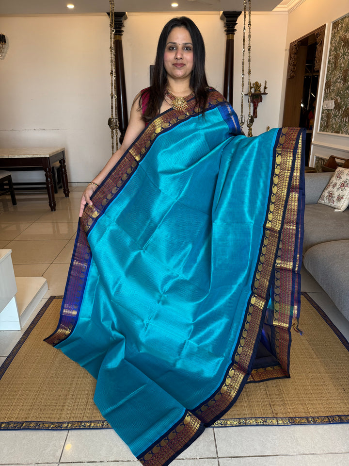 Dark Blue with Light Blue , Podi Kattam in the Body , traditional Borders and rich Pallu Korvai Silk Cotton Saree