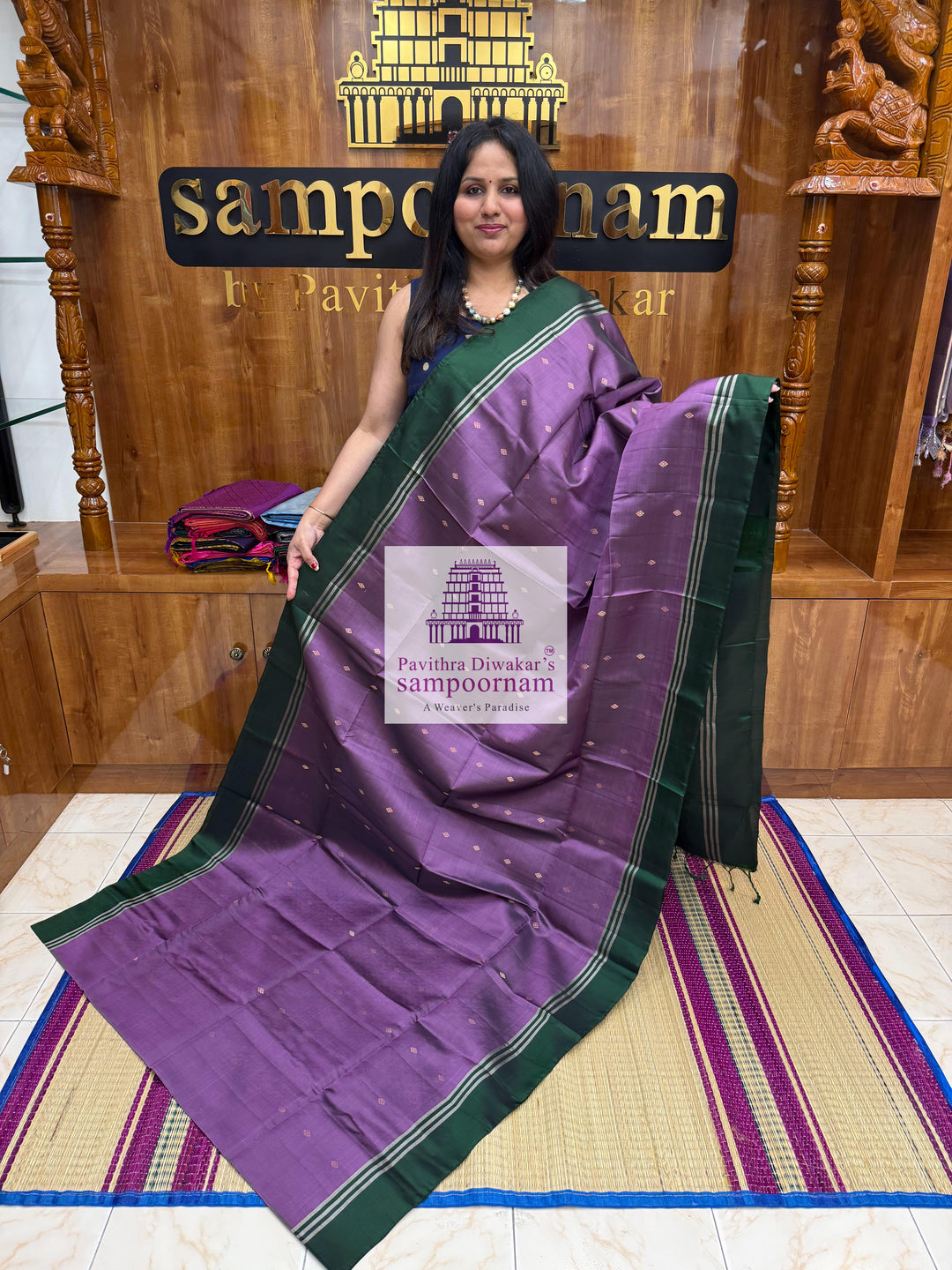Mauve with Dark Green, rich Zari Butta in the body , Plain borders , rich Pallu Handloom Semi Soft Silk Saree