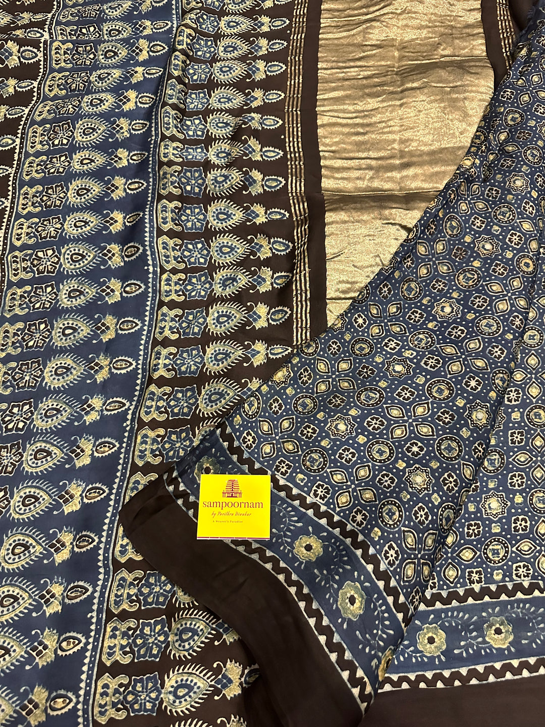 Indigo Blue Natural Ajrakh Handblock Printed Pure Modal Silk Saree with Tissue Pallu