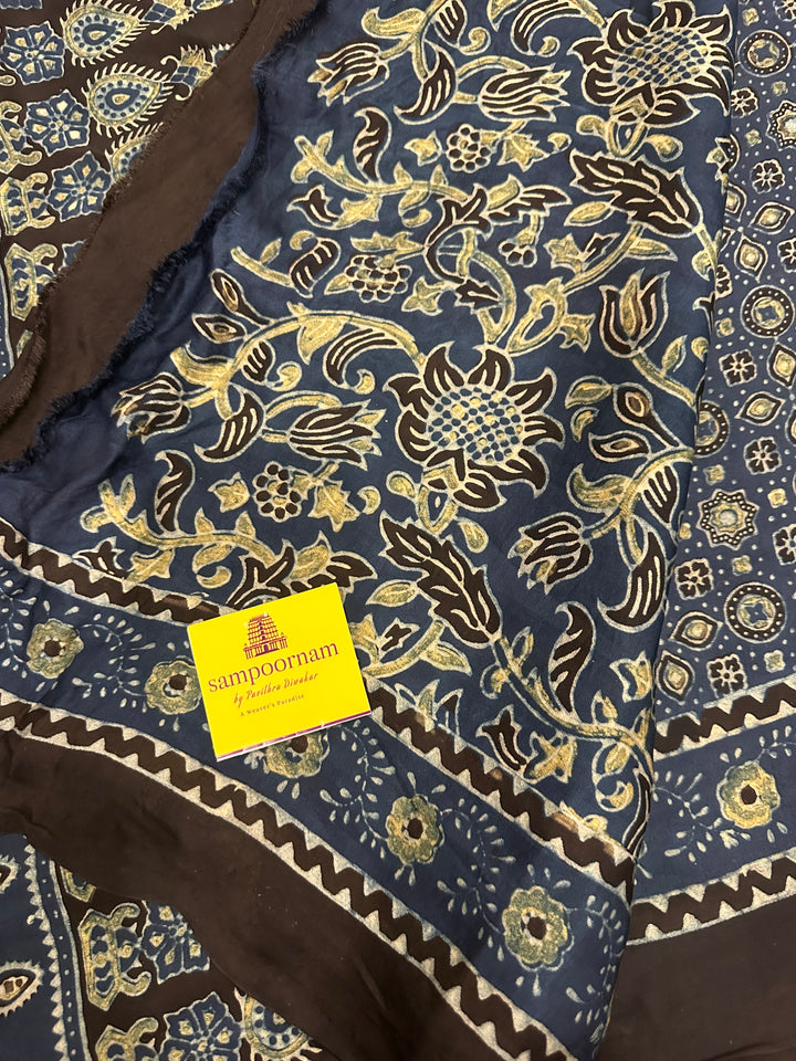 Indigo Blue Natural Ajrakh Handblock Printed Pure Modal Silk Saree with Tissue Pallu