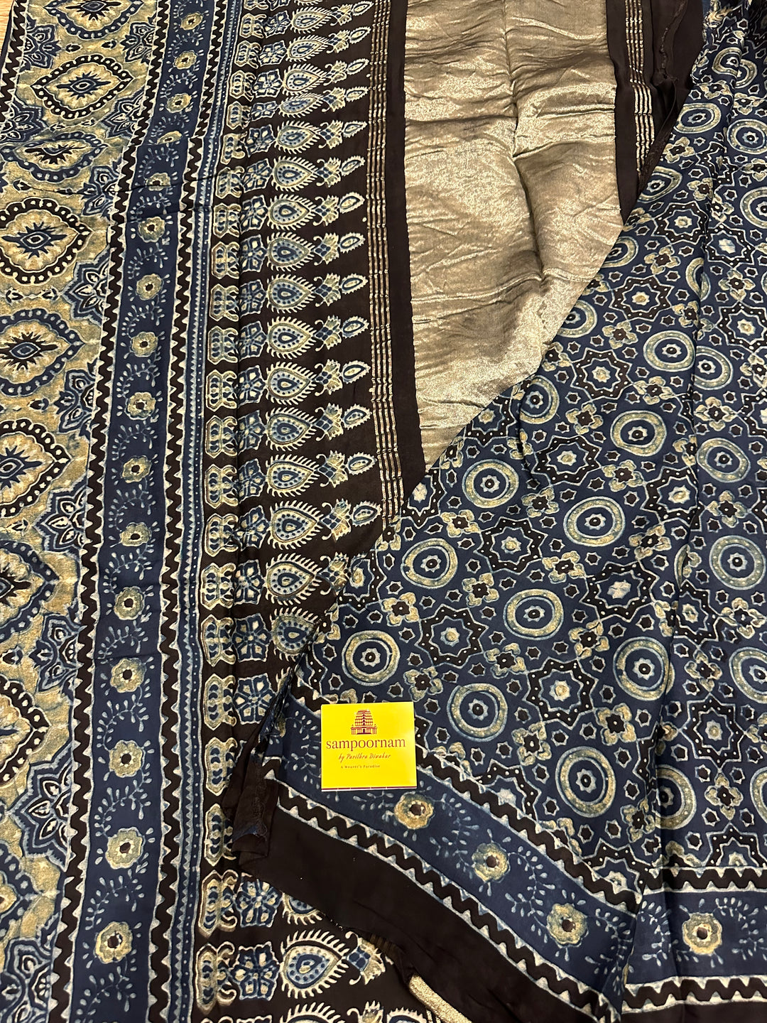 Indigo Blue Natural Ajrakh Handblock Printed Pure Modal Silk Saree with Tissue Pallu