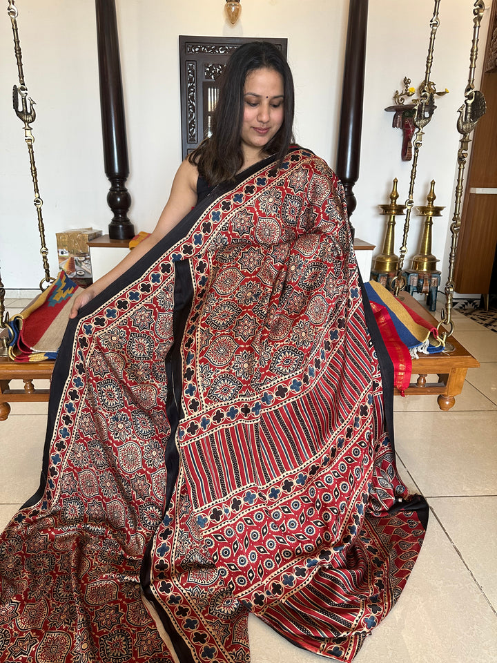 Red Ajrakh Natural Handblock Printed Pure Modal Silk Saree