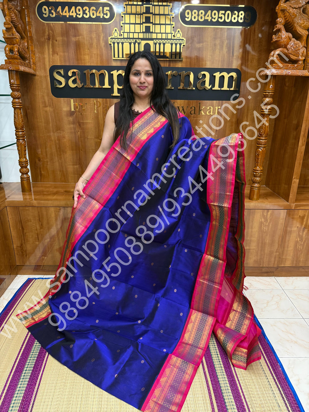 Indigo Blue with Pink  , Rich Rudraksh Zari butta with Traditonal Lakshadeepam  Border and Rich Pallu Pure Korvai Silk Cotton Saree