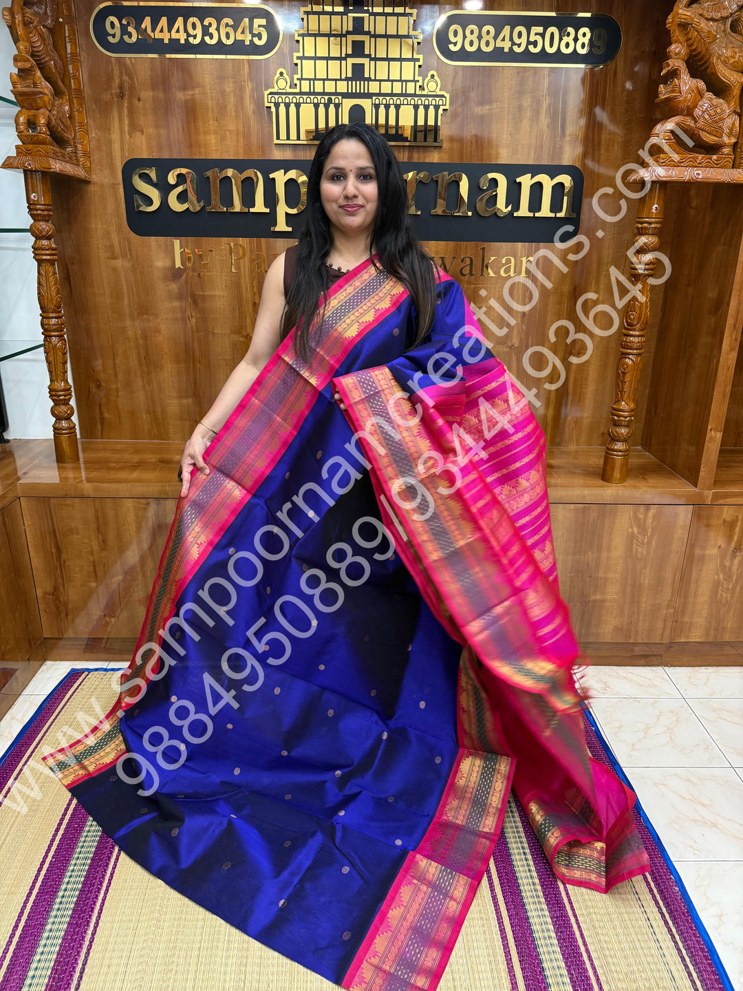 Indigo Blue with Pink  , Rich Rudraksh Zari butta with Traditonal Lakshadeepam  Border and Rich Pallu Pure Korvai Silk Cotton Saree
