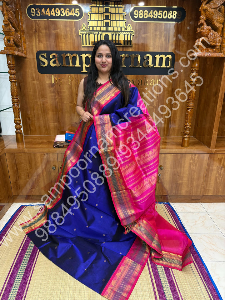 Indigo Blue with Pink  , Rich Rudraksh Zari butta with Traditonal Lakshadeepam  Border and Rich Pallu Pure Korvai Silk Cotton Saree