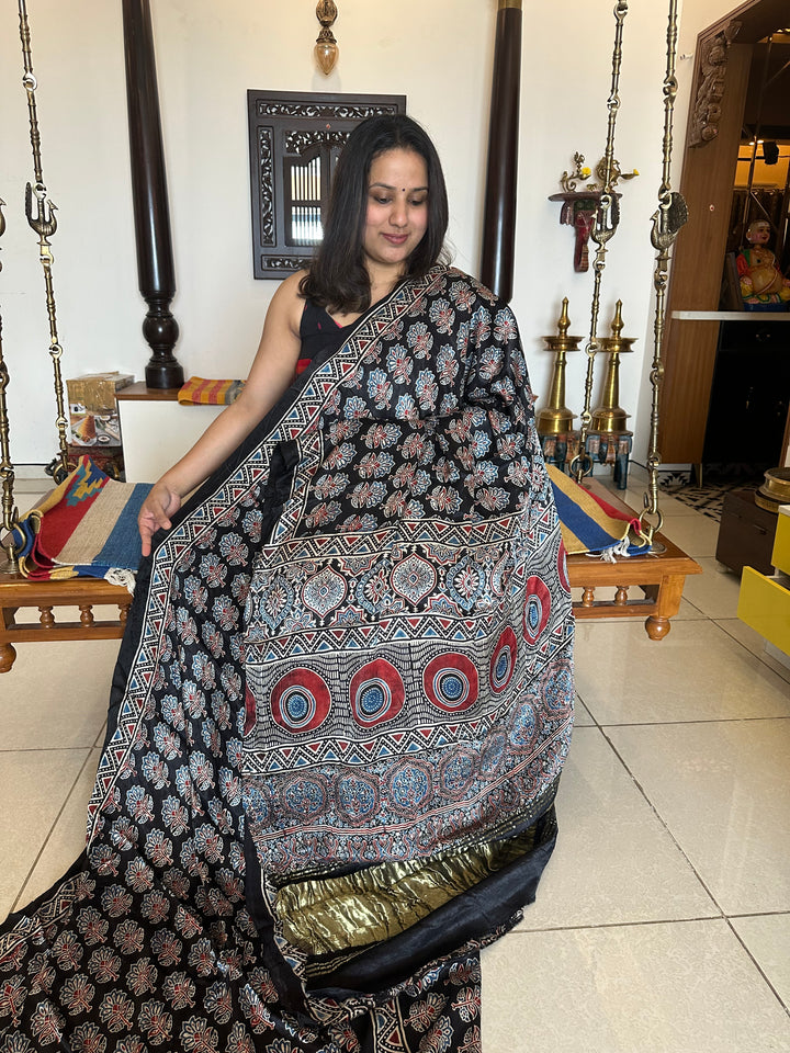 Black Ajrakh Natural Handblock Printed Tissue Pallu Pure Modal Silk Saree