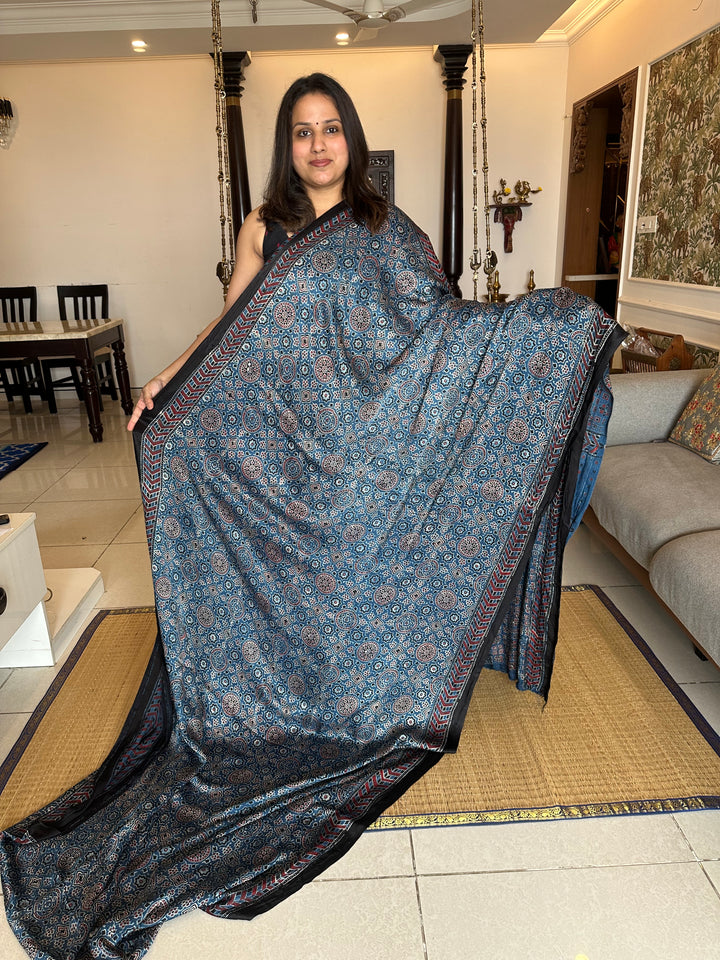 Indigo Blue with Ajrakh Natural Handblock Printed Tissue Pallu Pure Modal Silk Saree