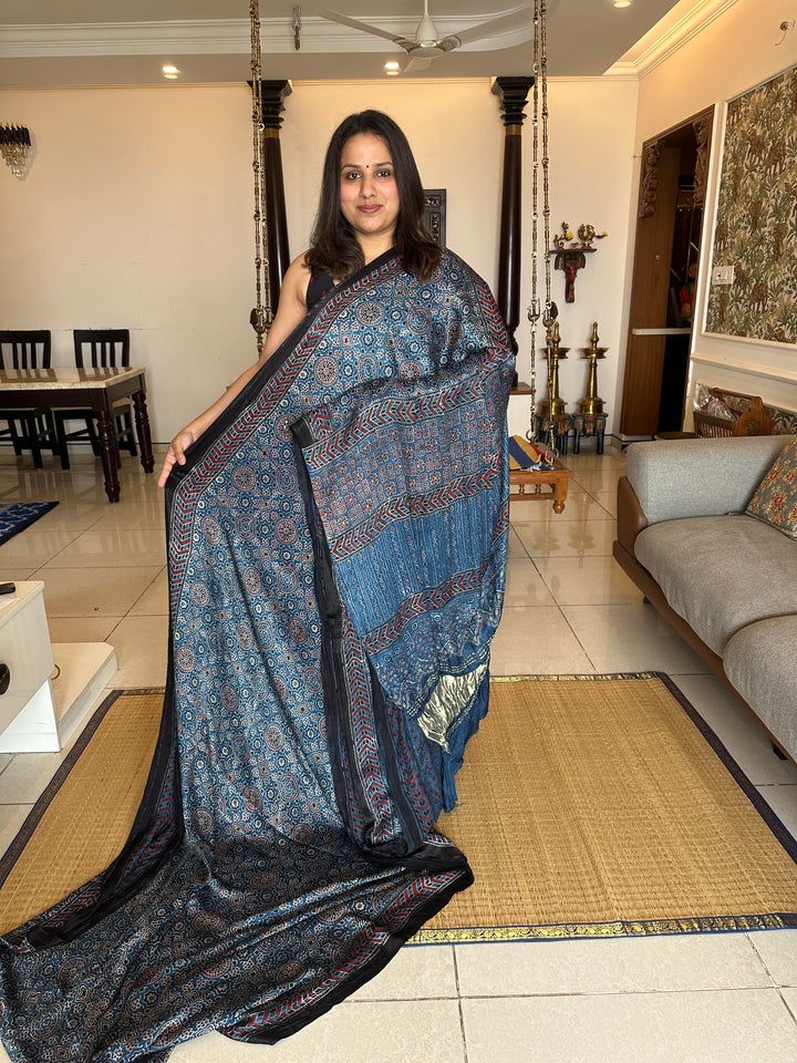 Indigo Blue with Ajrakh Natural Handblock Printed Tissue Pallu Pure Modal Silk Saree