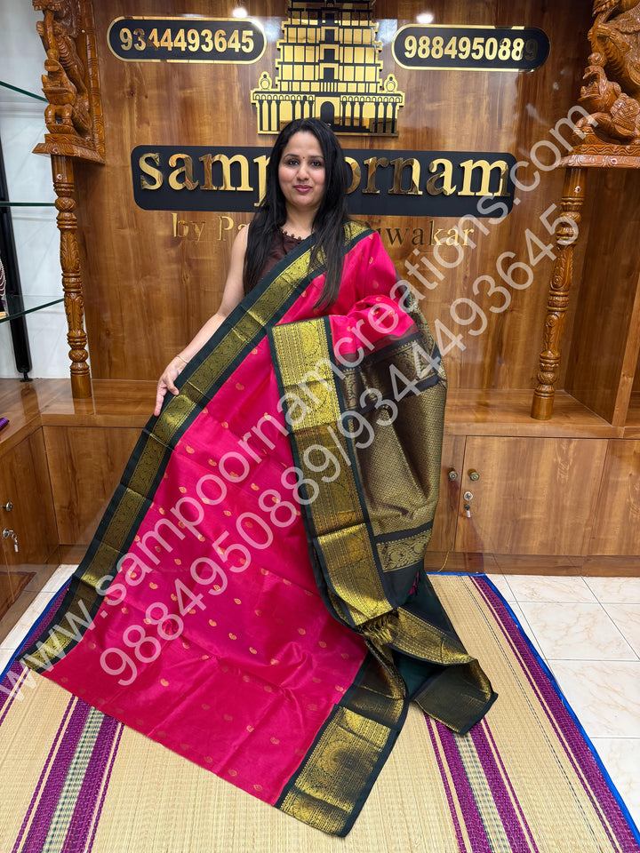 Rani Pink with Bottle Green  , Rich  Zari butta with Traditional Big  Border and Rich Pallu Pure Korvai Silk Cotton Saree
