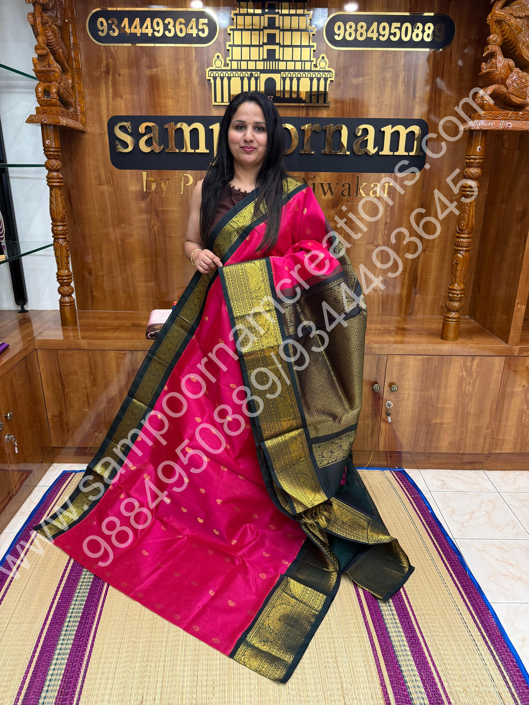 Rani Pink with Bottle Green  , Rich  Zari butta with Traditional Big  Border and Rich Pallu Pure Korvai Silk Cotton Saree