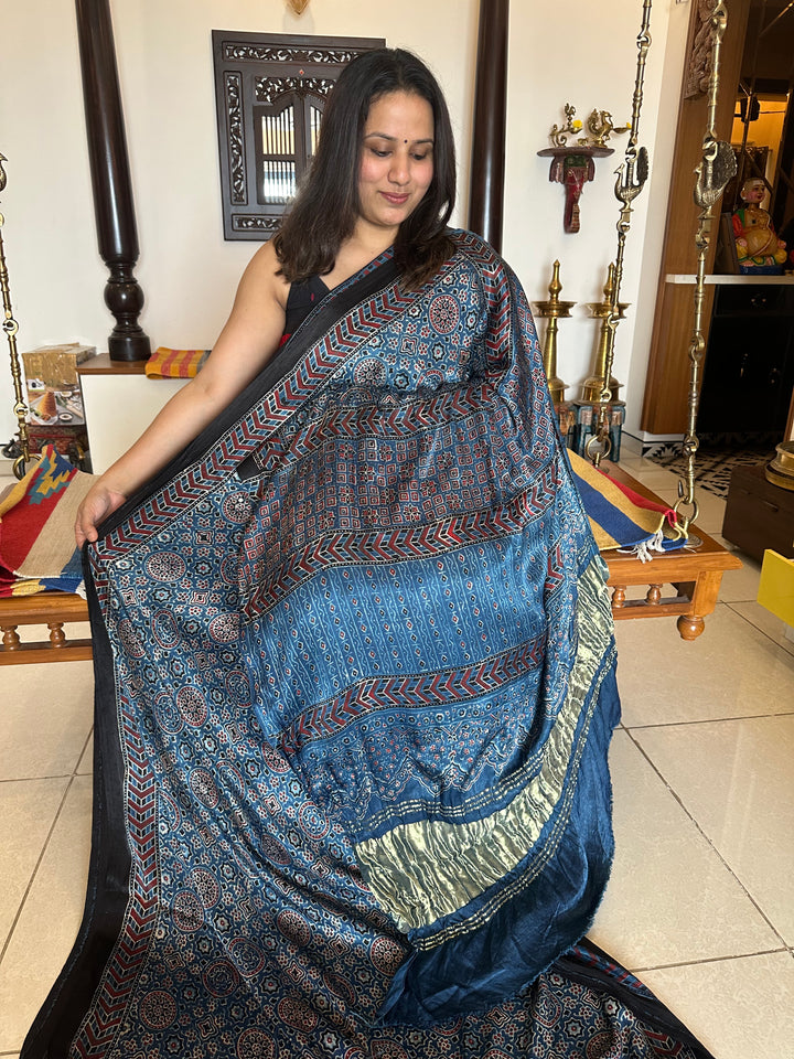 Indigo Blue with Ajrakh Natural Handblock Printed Tissue Pallu Pure Modal Silk Saree