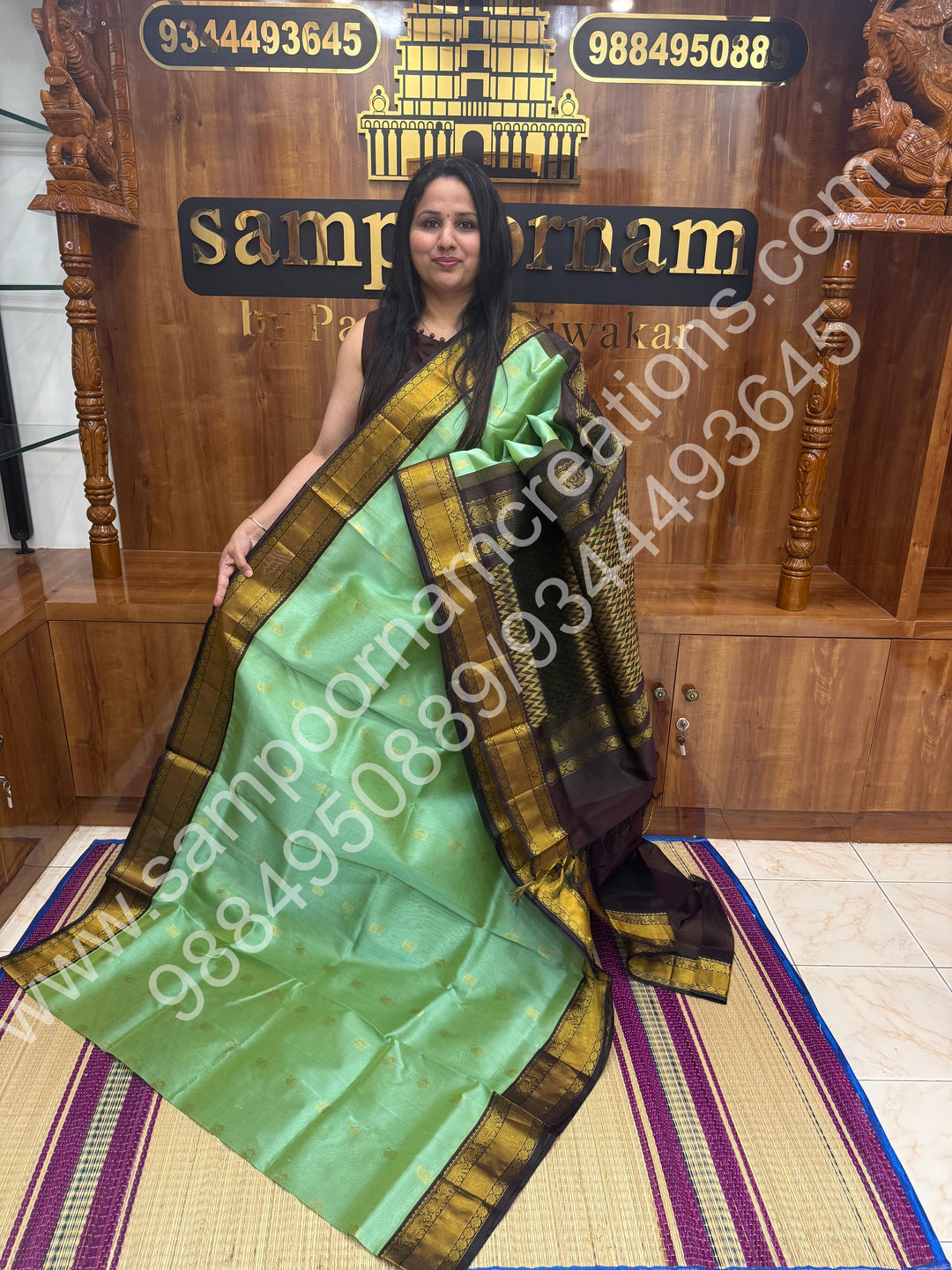 Pastel Green with Cofee Brown  , Rich Mango Zari butta with Silk Rettapet Border and Rich Pallu Pure Korvai Silk Cotton Saree