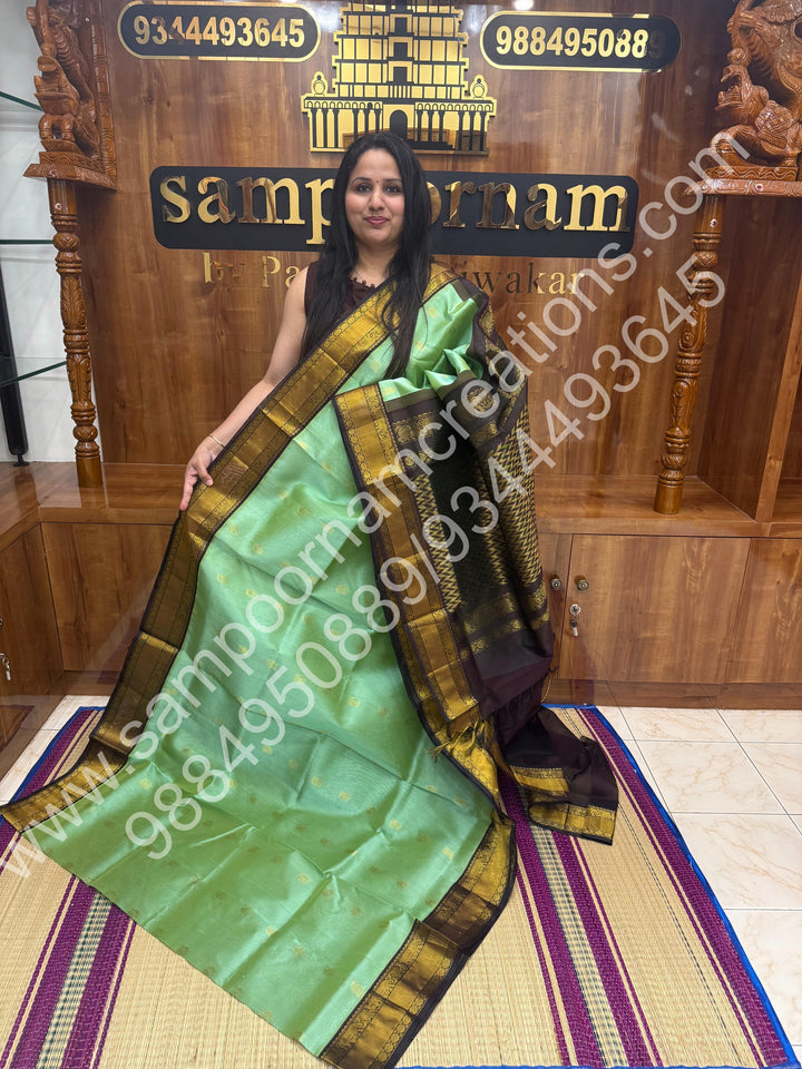 Pastel Green with Cofee Brown  , Rich Mango Zari butta with Silk Rettapet Border and Rich Pallu Pure Korvai Silk Cotton Saree
