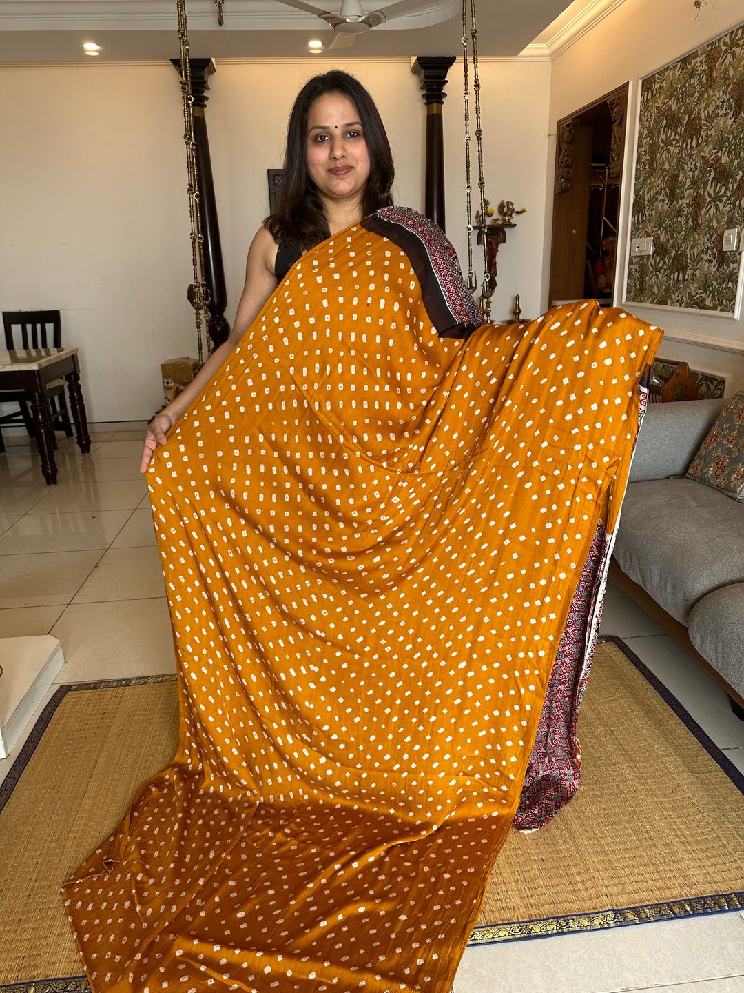 Fenugreek Ajrakh Natural Handblock Printed Tissue Pallu Pure Modal Silk Saree