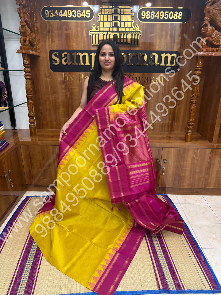 Mustard with Pink  , Rich Gopuram Zari butta with Rettapet Border and Rich Pallu Pure Korvai Silk Cotton Saree
