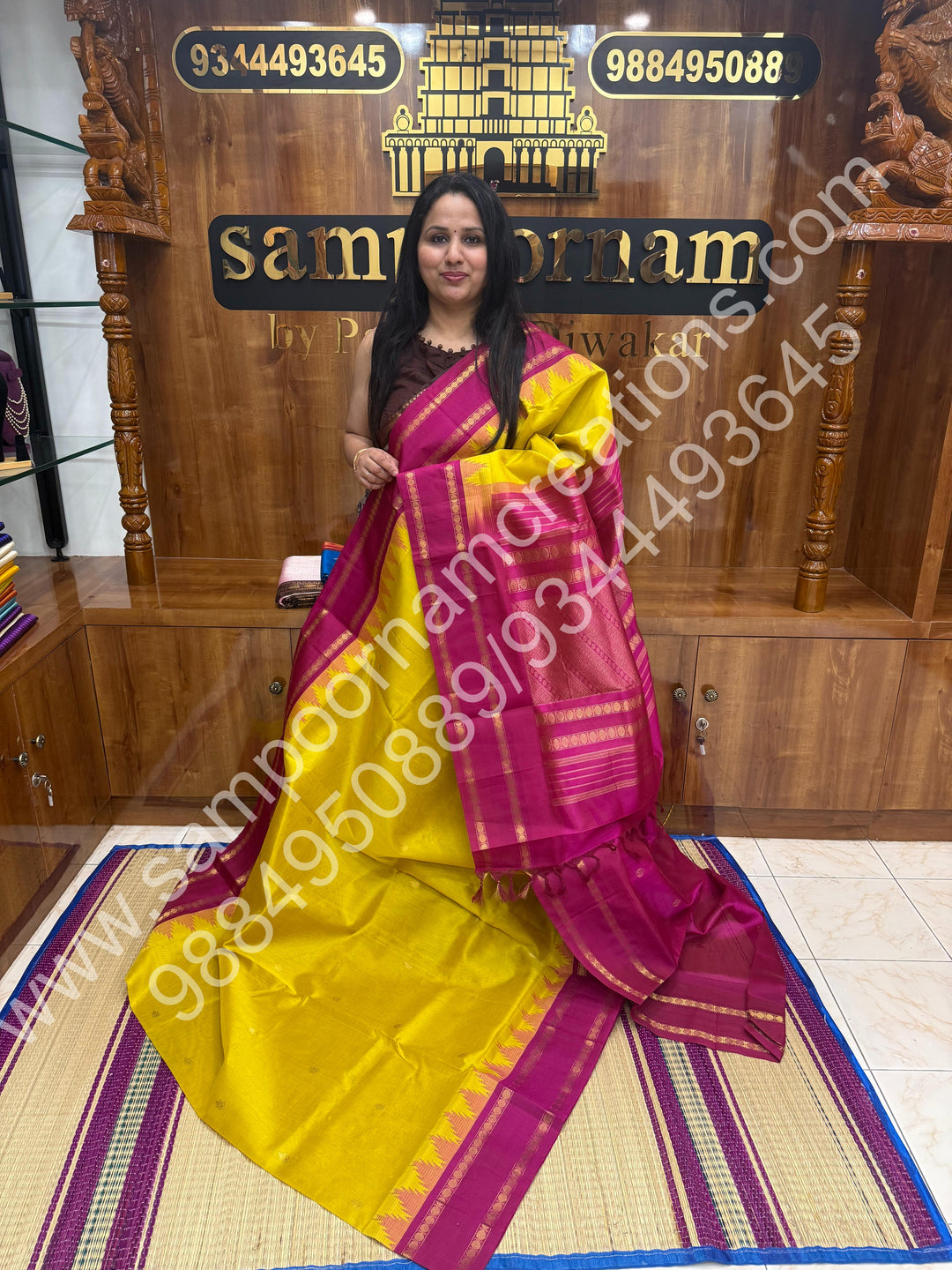 Mustard with Pink  , Rich Gopuram Zari butta with Rettapet Border and Rich Pallu Pure Korvai Silk Cotton Saree