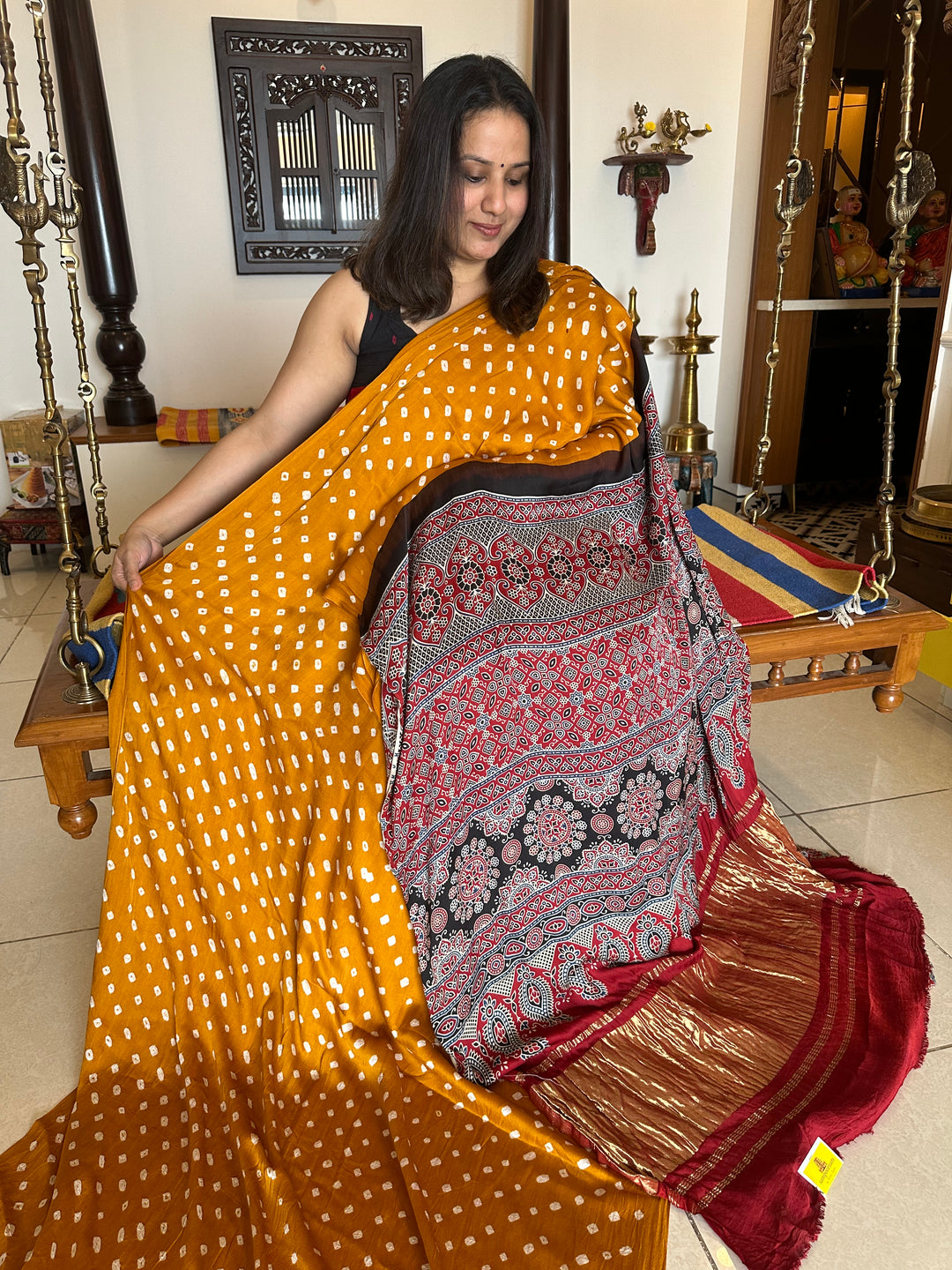 Fenugreek Ajrakh Natural Handblock Printed Tissue Pallu Pure Modal Silk Saree