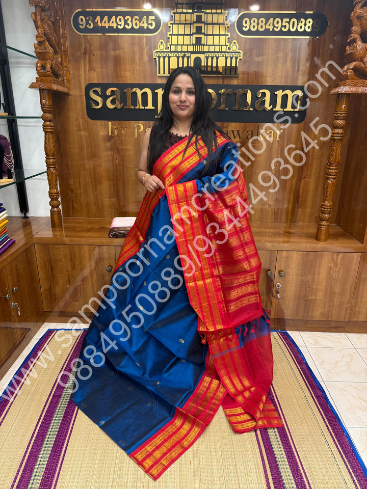 Sapphire Blue with Red  , Rich Rudraksh and Mango  Zari butta with Traditional Kanchi  Border and Rich Pallu Pure Korvai Silk Cotton Saree