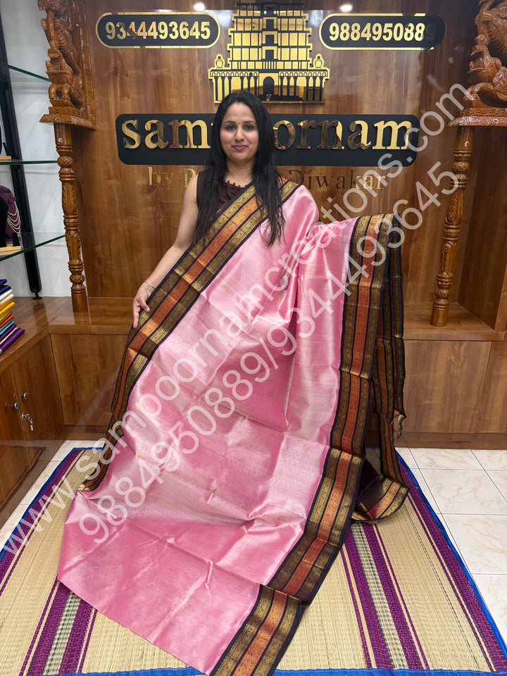 Baby Pink with Cofee Brown  , Rich Mango  Zari butta with Traditional Kanchi  Border and Rich Pallu Pure Korvai Silk Cotton Saree