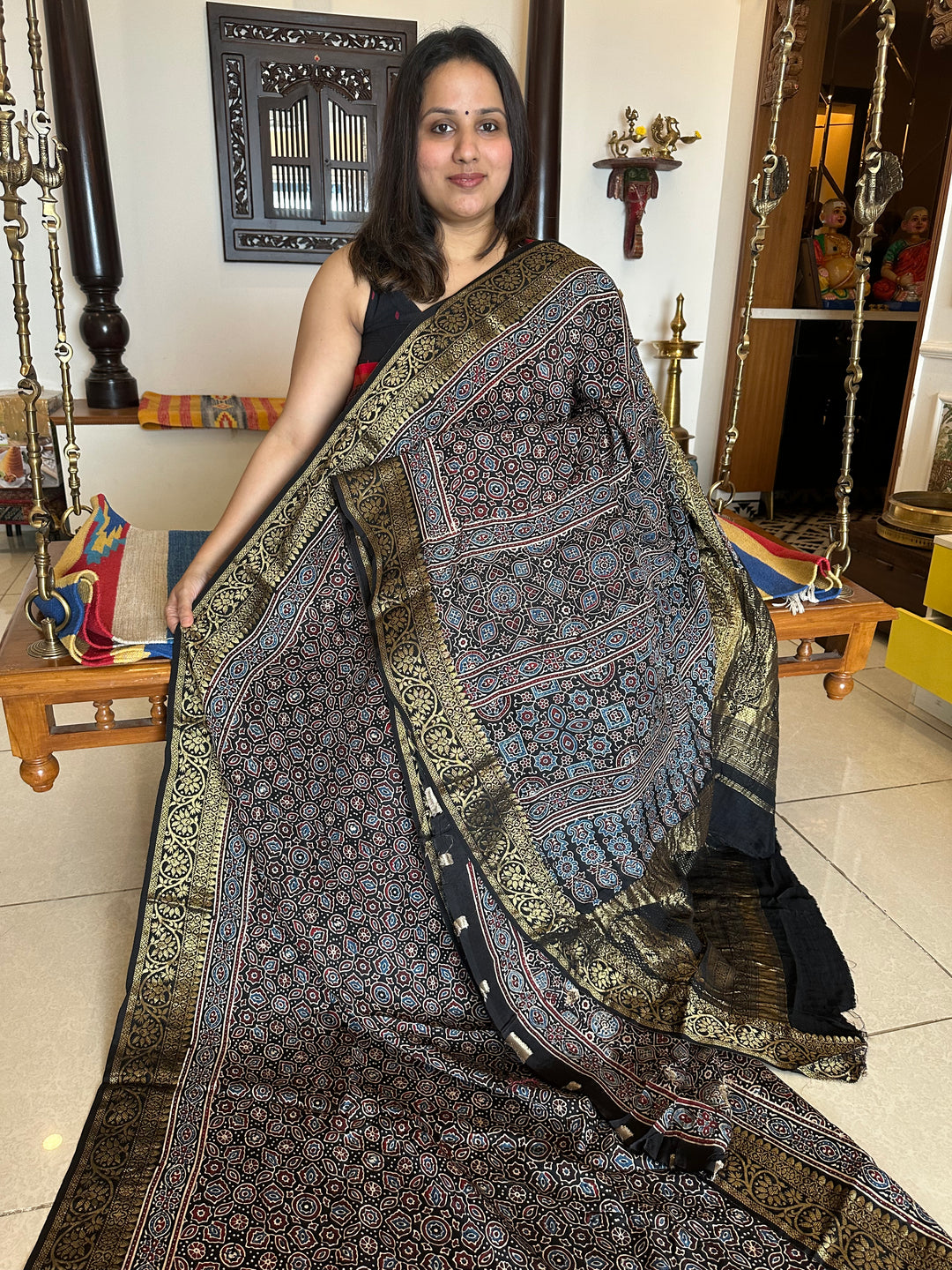 Indigo Blue Ajrakh Natural Handblock Printed With Rich MinakarI Border and Pallu Pure Dola Silk Saree