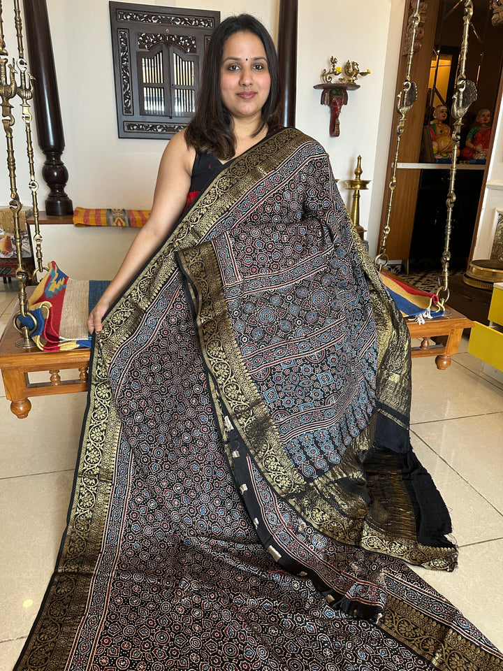 Indigo Blue Ajrakh Natural Handblock Printed With Rich MinakarI Border and Pallu Pure Dola Silk Saree