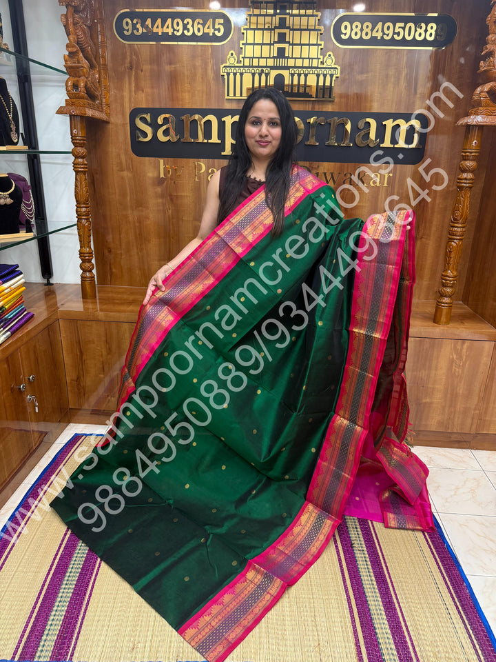 Green with Pink  , Rich Rudraksh Zari butta with Traditonal Lakshadeepam  Border and Rich Pallu Pure Korvai Silk Cotton Saree