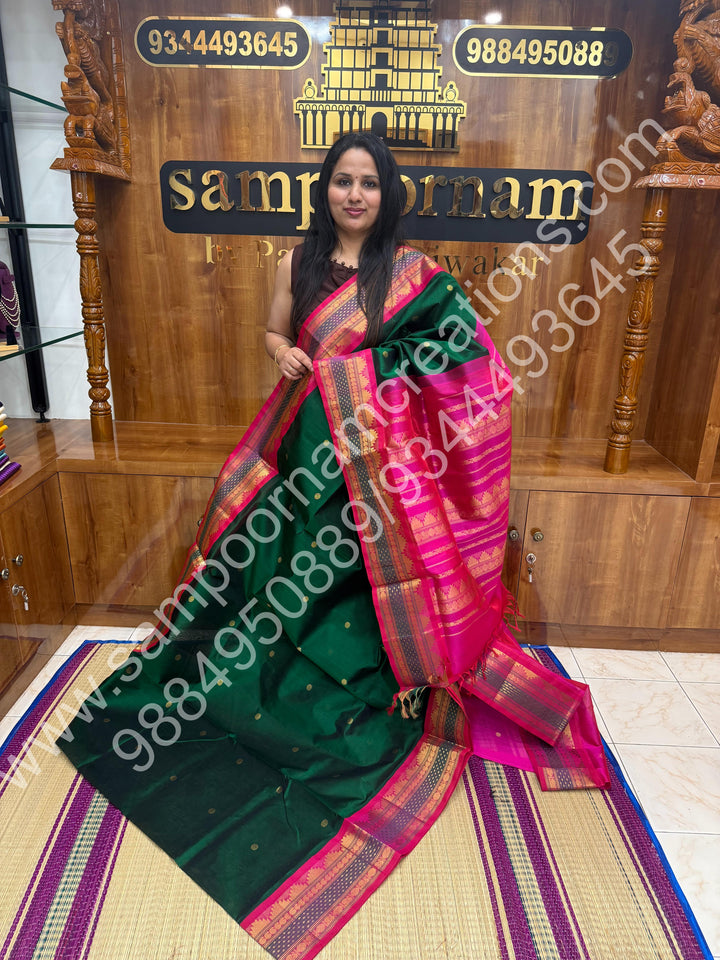 Green with Pink  , Rich Rudraksh Zari butta with Traditonal Lakshadeepam  Border and Rich Pallu Pure Korvai Silk Cotton Saree