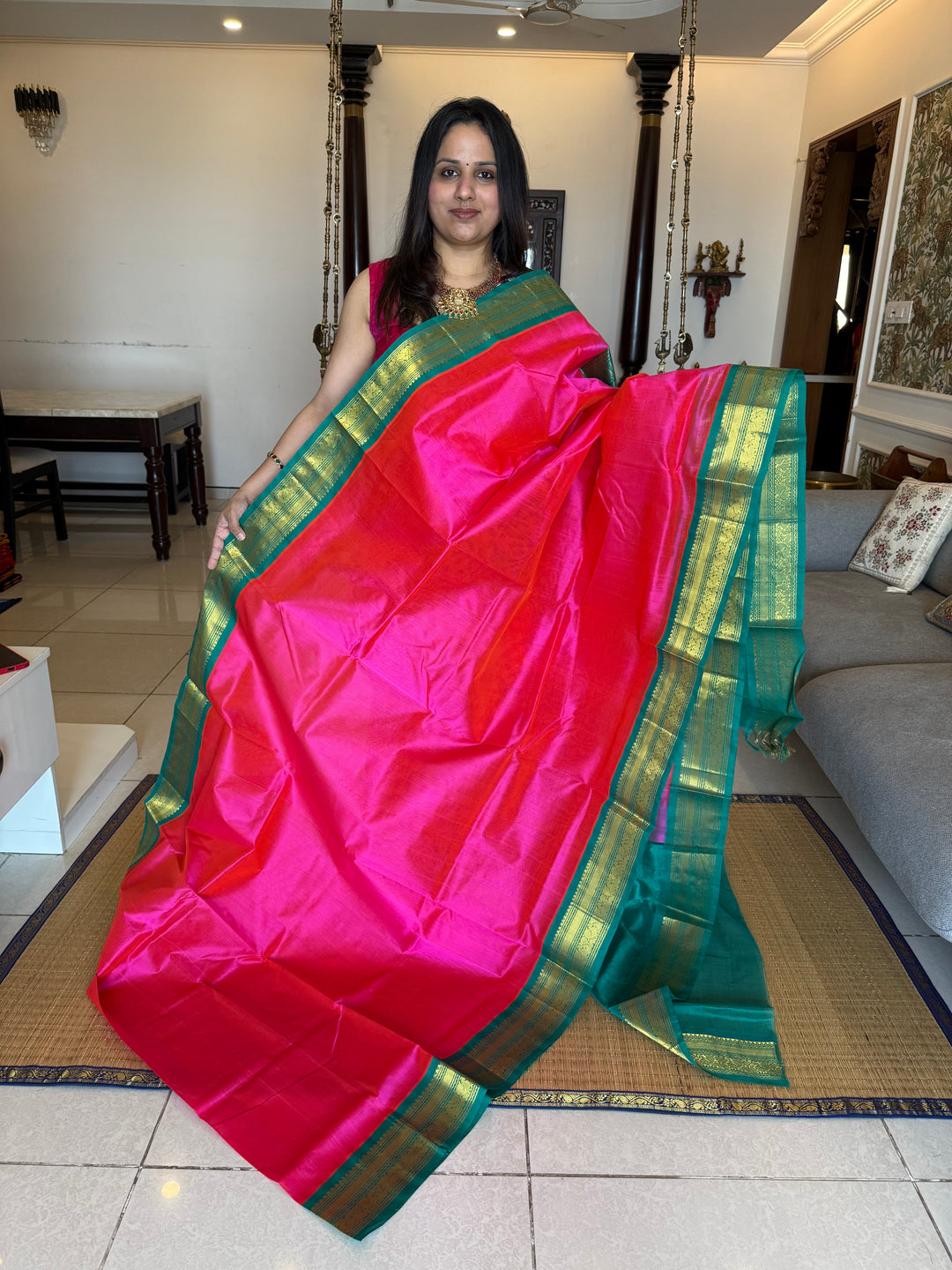 Rani Pink with Turquoise Blue , Rich Kanchi Borders, Traditional Pallu Korvai Silk Cotton Saree