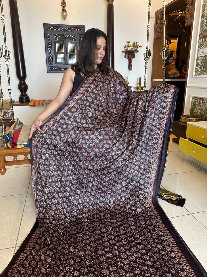 Dark Brown Ajrakh Natural Handblock Printed Tissue Pallu Pure Modal Silk Saree