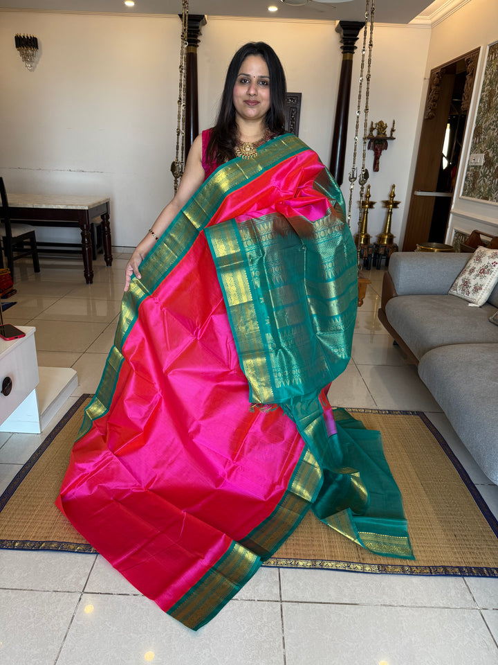 Rani Pink with Turquoise Blue , Rich Kanchi Borders, Traditional Pallu Korvai Silk Cotton Saree