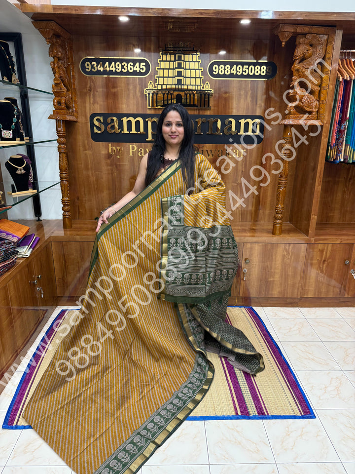 Mustard with Green  , Geometric in the body , Printed Blouse and Tassels in the Pallu , Soft Cotton Saree