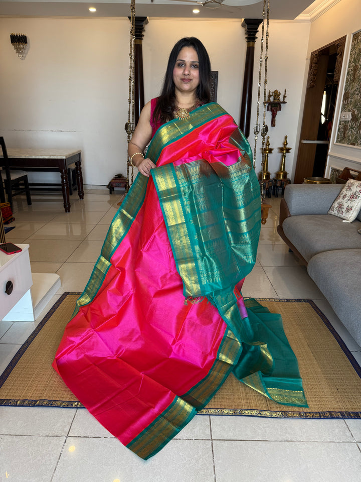 Rani Pink with Turquoise Blue , Rich Kanchi Borders, Traditional Pallu Korvai Silk Cotton Saree