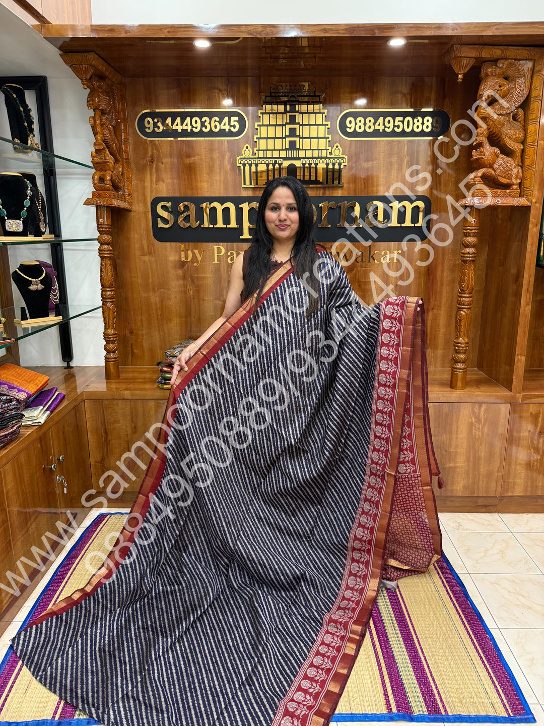 Blue with Red  , Geometric in the body , Printed Blouse and Tassels in the Pallu , Soft Cotton Saree