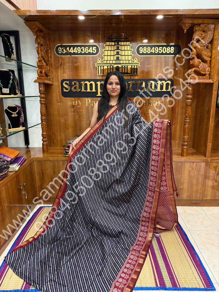 Blue with Red  , Geometric in the body , Printed Blouse and Tassels in the Pallu , Soft Cotton Saree