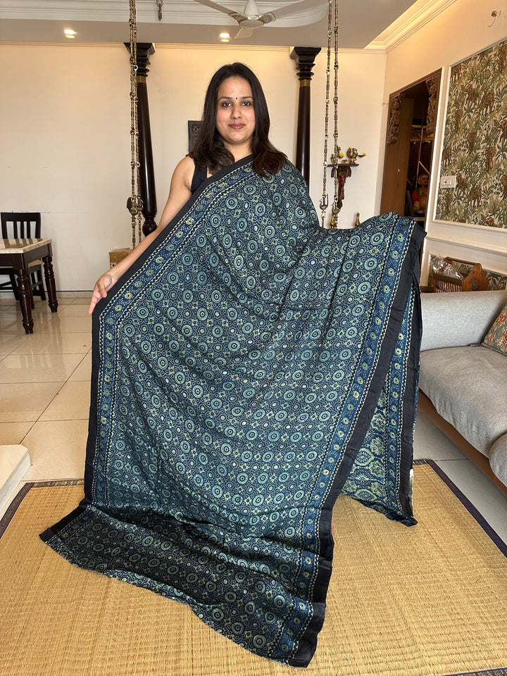 Indigo Blue Natural Ajrakh Handblock Printed Pure Modal Silk Saree with Tissue Pallu