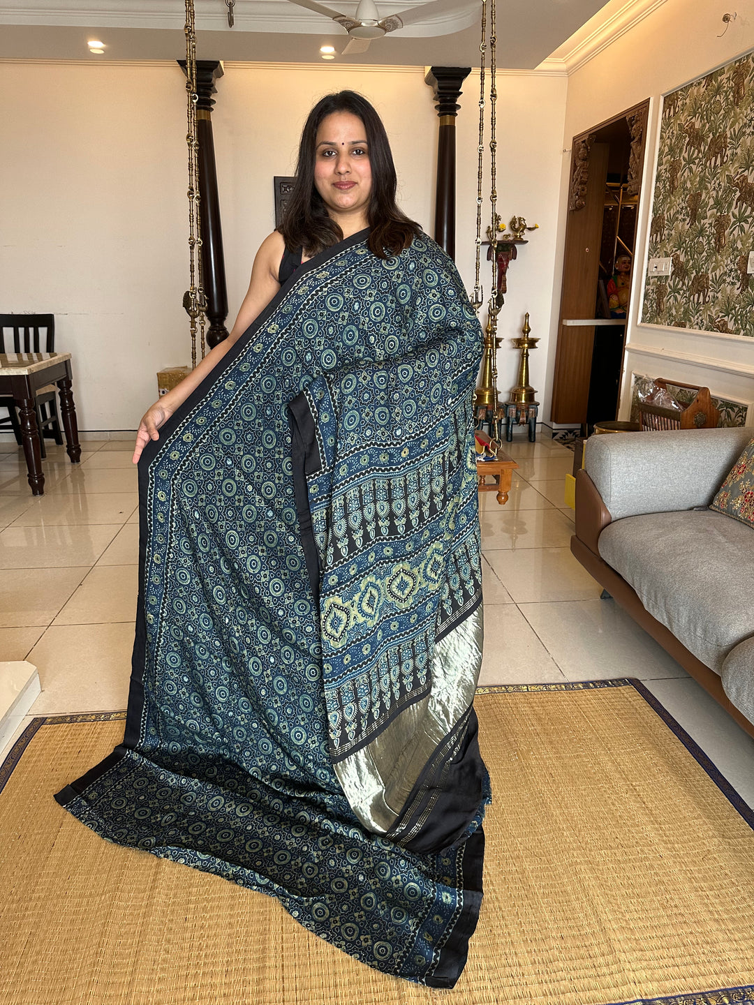 Indigo Blue Natural Ajrakh Handblock Printed Pure Modal Silk Saree with Tissue Pallu