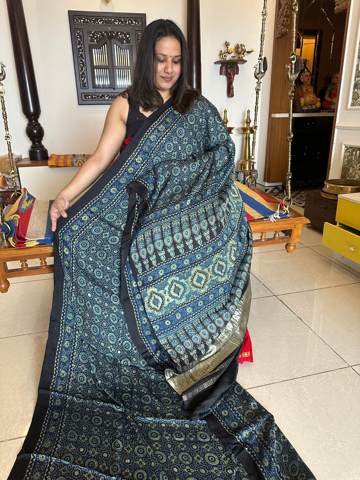 Indigo Blue Natural Ajrakh Handblock Printed Pure Modal Silk Saree with Tissue Pallu