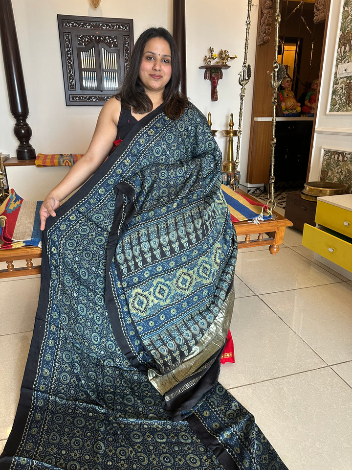 Indigo Blue Natural Ajrakh Handblock Printed Pure Modal Silk Saree with Tissue Pallu