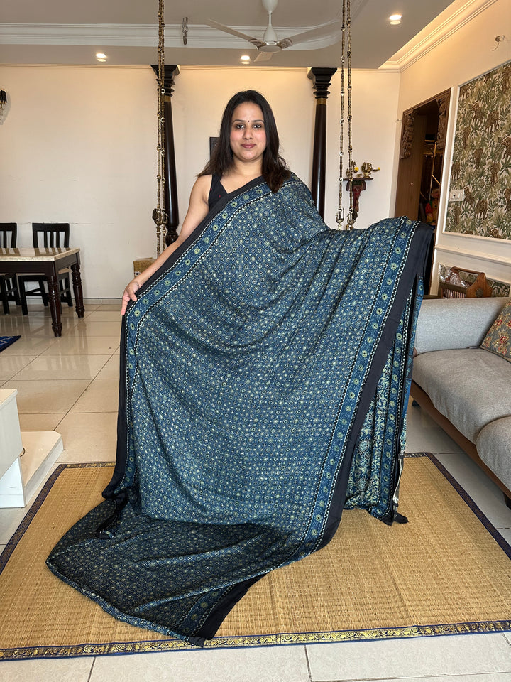 Indigo Blue Natural Ajrakh Handblock Printed Pure Modal Silk Saree with Tissue Pallu