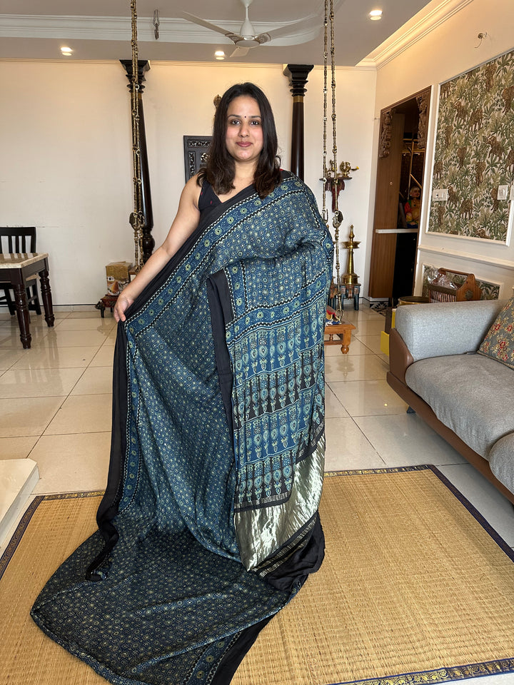 Indigo Blue Natural Ajrakh Handblock Printed Pure Modal Silk Saree with Tissue Pallu