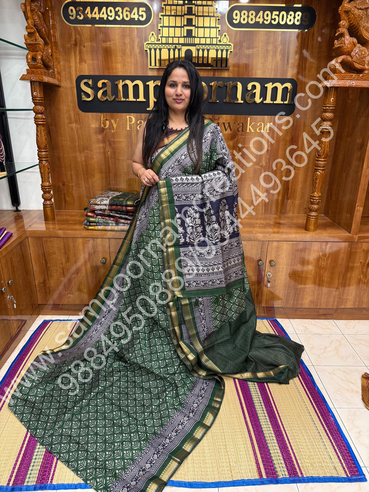 Green with Blue  , Floral Prints in the body , Printed Blouse and Tassels in the Pallu , Soft Cotton Saree