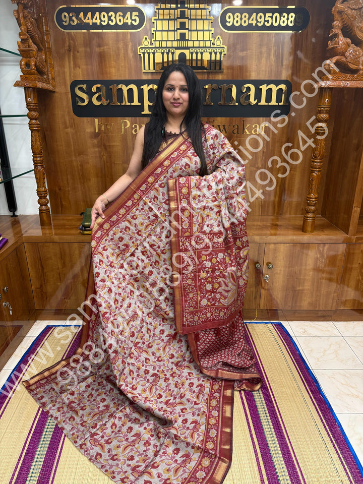 Red , Kalamkari Print  in the body , Printed Blouse and Tassels in the Pallu , Soft Cotton Saree