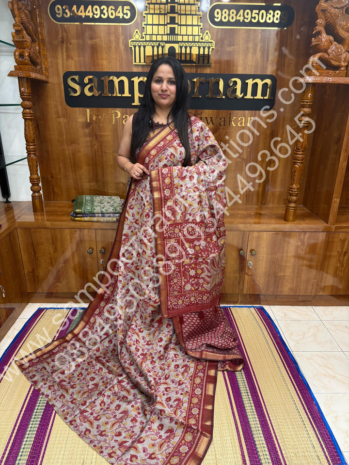 Red , Kalamkari Print  in the body , Printed Blouse and Tassels in the Pallu , Soft Cotton Saree