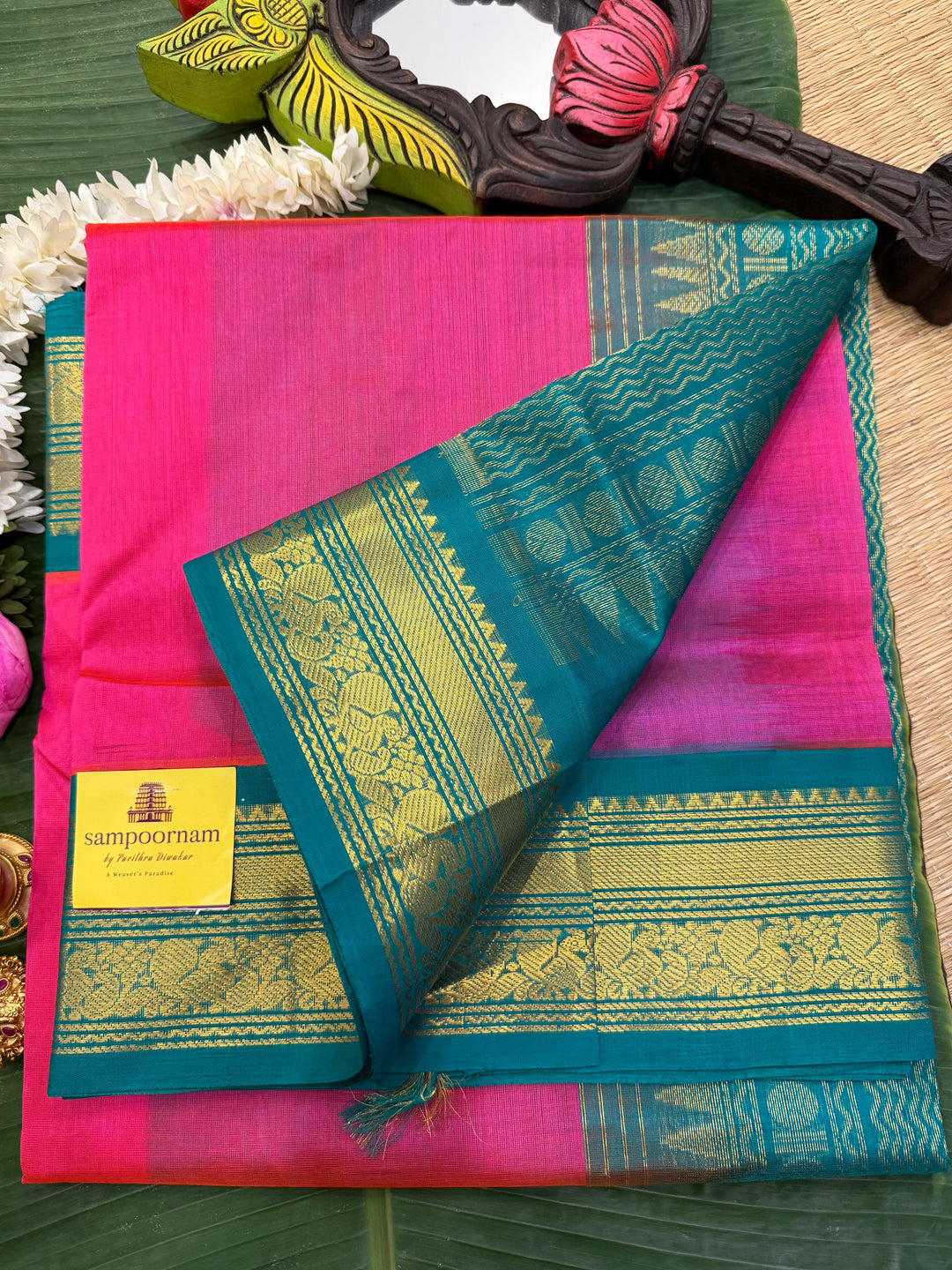 Rani Pink with Turquoise Blue , Rich Kanchi Borders, Traditional Pallu Korvai Silk Cotton Saree