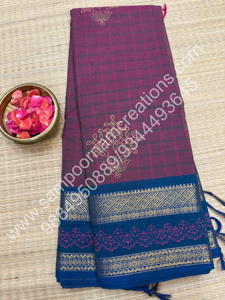 Dark Mauve  , Kolam Handblock Printed  Chettinad Cotton Saree