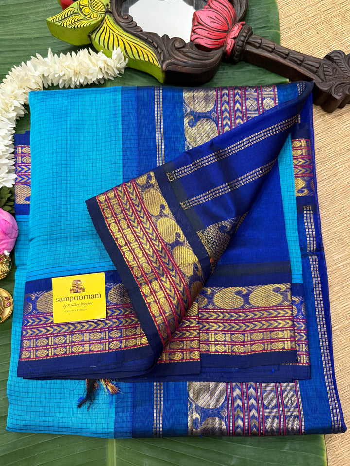 Dark Blue with Light Blue , Podi Kattam in the Body , traditional Borders and rich Pallu Korvai Silk Cotton Saree