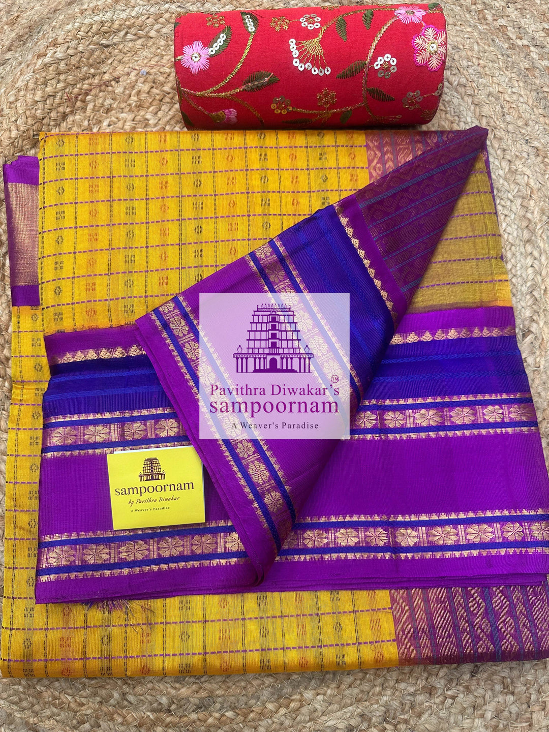 Mambazha manjal with Purple, Traditional Borders, Lakshadeepam thread Butta in the Body and Grand Pallu , Korvai Silk Cotton Saree